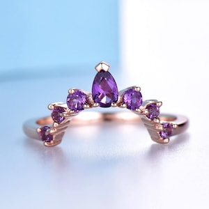 Natural Amethyst Wedding Band,10K/14K/18K Rose Gold Matching Band,February Birthstone Ring,Purple Gems Promise Ring,Anniversary Gift For Her