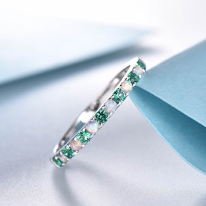 Opal and Emerald Ring, 14K White Gold Ring, Double Stone Ring, Half Eternity Emerald and Opal Wedding Band, Everyday Ring, Gift for her