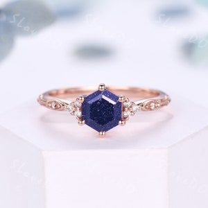 Hexagon Blue Sandstone Engagement Diamond Ring,Vintage Dainty Galaxy Ring,Unique Stacking Band,Art Deco Rose Gold Promise Anniversary Ring