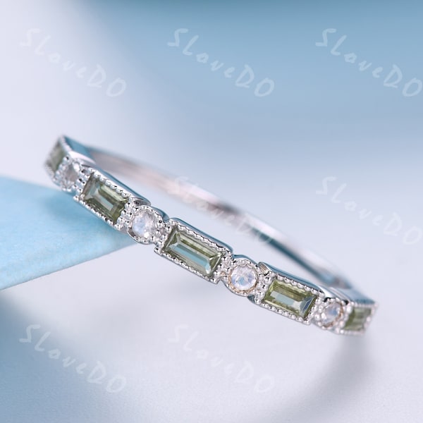 Vintage Peridot Wedding Band: Baguette Cut Moonstone Ring, White Gold Stacking Band