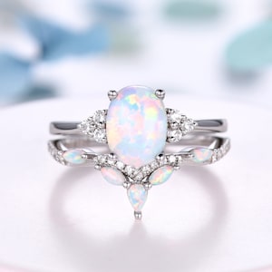 White Fire Opal Engagement Ring Set,Oval Cut Opal Wedding Band,Dainty Moissanite Promise Ring Set,October Birthstone Ring,Bridal Jewelry Set