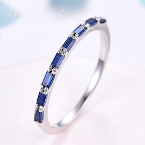 Vintage Blue Sapphire Engagement Ring Unique Baguette Cut Sapphire Wedding Band Stackable White Gold Ring September Birthstone Promise Gift
