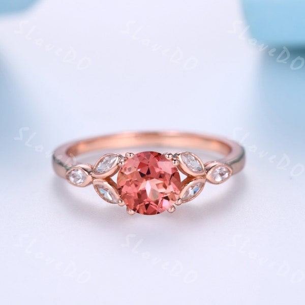 Bague en saphir Padparadscha Coupe ronde 1.2ct, bague moissanite en forme de marquise, or rose 14 carats, bague de promesse saphir, cadeau d’anniversaire pour les femmes