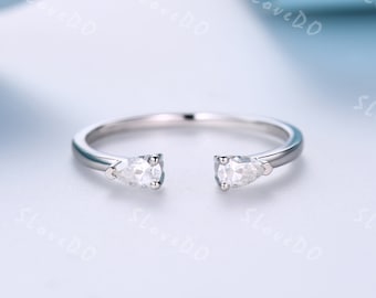 14K White Gold Moissanite Ring: Pear Cut Open Gap Wedding Band
