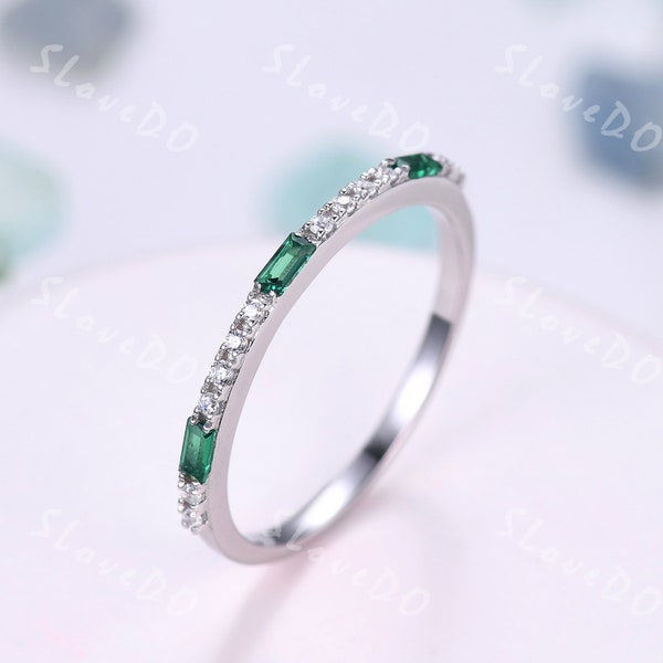 Baguette Emerald Diamond Wedding Band White Gold Rings for Women Emerald Wedding Ring Baguette cut Ring May Birthstone Promise Bridal Gift