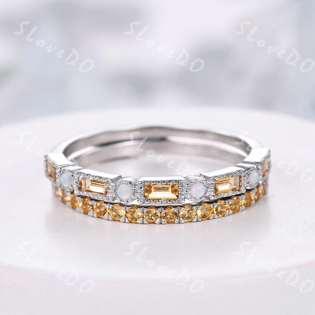 Citrine Stackable Ring Set: Art Deco Silver Eternity Band, November ...