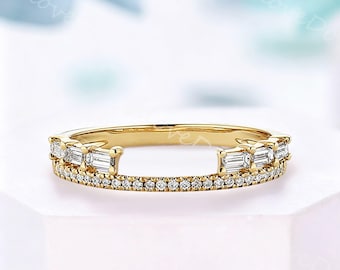 Two-Row Baguette Round Moissanite Diamond Half Eternity Band for Women-Solid 14K Yellow Gold Stacking Band - Minimalist Bridal Matching Band