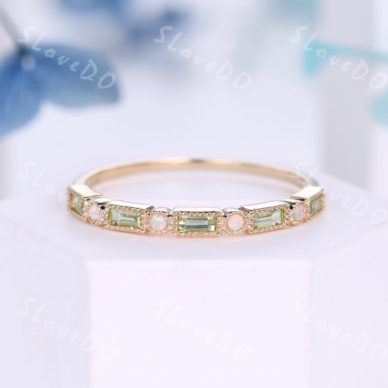 Vintage Peridot Opal Wedding Band,Baguette Cut Yellow Gold Wedding Ring,Unique Stacking Band,Birthstone Ring,Anniversary Gift,Promise Ring image 2
