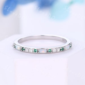 Opal Emerald Diamond Wedding Band White Gold Rings for Women Half Eternity Wedding Ring Baguette Opal Ring October Birthstone Promise Gift