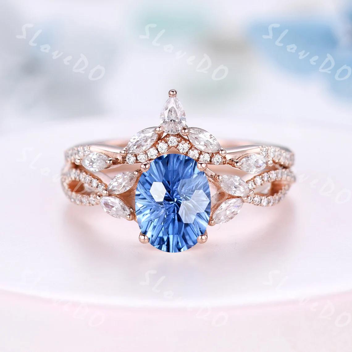 Firework Cut Sapphire Engagement Ring: Moissanite Cluster, Rose Gold - Etsy