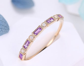 Vintage Amethyst Opal Wedding Band,Baguette Cut Yellow Gold Wedding Ring,Unique Stacking Band,Birthstone Ring,Anniversary Gift,Promise Ring