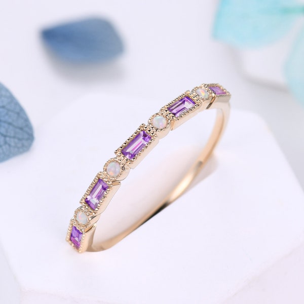 Vintage Amethyst Opal Wedding Band,Baguette Cut Yellow Gold Wedding Ring,Unique Stacking Band,Birthstone Ring,Anniversary Gift,Promise Ring
