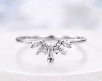 Vintage Baguette Moissanite Wedding Band: 14K White Gold Chevron Stacking Ring