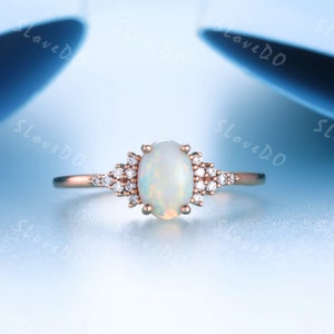 Vintage Natural Opal Engagement Ring Dainty Opal Jewelry Diamond Cluster Wedding Ring Delicate Rose Gold Ring October Birthstone Ring