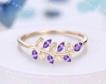 Marquise Cut Natural Amethyst Olive Branch Leaf Wedding Band Nature Inspired Minimalist Bridal Band Anniversary Promise Gifts for Women