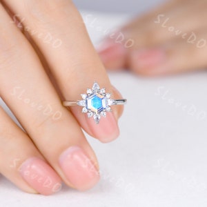Unique Hexagon Shaped Moonstone Engagement Ring,Vintage Moonstone Ring,Art Deco Moissanite Matching Band White Gold,Women Bridal Ring Gift