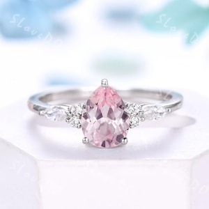Vintage Pink Sapphire Engagement Ring Diamond Wedding Band Women Promise Ring 14K White Gold Unique Pear shaped Cluster Ring Gift For Her