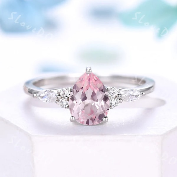 Vintage Pink Sapphire Engagement Ring Diamond Wedding Band Women Promise Ring 14K White Gold Unique Pear shaped Cluster Ring Gift For Her