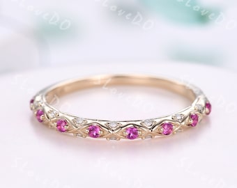 Ruby Diamond Gold Wedding Band: Vintage Art Deco Stacking Ring