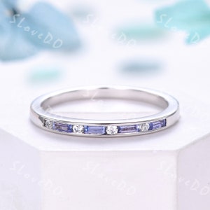 Baguette Tanzanite Engagement Ring: Moissanite Stacking Wedding Band