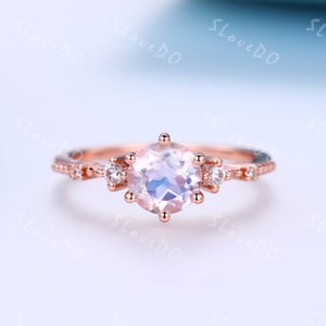 Round Shape Moonstone Engagement Ring,Moonstone Ring,Natural Gemstone Ring,Rainbow Moonstone, Handmade Jewelry, Diamond Ring Wedding Band