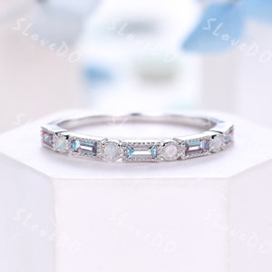 Dainty Alexandrite Opal Wedding Band,Baguette Cut White Gold Wedding Ring,Women Stackable Band,June Birthstone Ring,Bridal Gift,Promise Ring