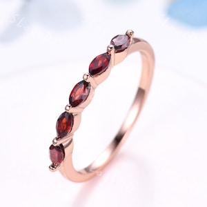 Art Deco Marquise Red Garnet Engagement ring,Minimalist Garnet Wedding Band Rose Gold Stacking Matching Ring Promise ring Bridal Ring Gift