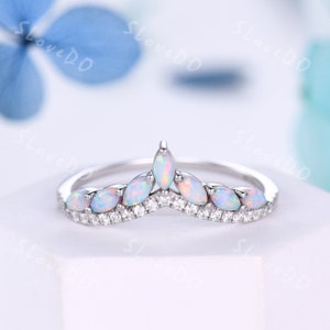 Marquise Cut White fire Opal Engagement Ring,Vintage Opal Stacking Ring,Opal Diamond Ring,V Curved Matching Wedding Band,Anniversary Gift