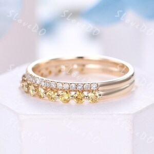 Natural Yellow Diamond Wedding Band: 14K Gold Double Row Eternity Ring ...