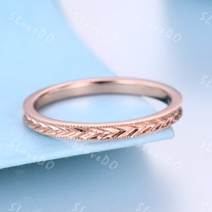 Wheat Pattern Milgrain Edge Wedding Band Matching Band Stacking Ring Leaf Anniversary Ring Sterling Silver Retro Vintage Design Ring Gift