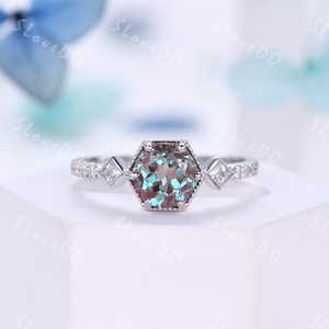 Hexagon Alexandrite engagement ring silver ring women vintage Alexandrite Diamond ring June Birthstone Alexandrite jewelry bridal ring gift