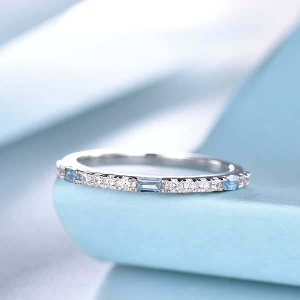 14K Blue Topaz Ring, Baguette Topaz and Natural Diamond Eternity Band, Rectangle Stone, Diamond Band, December Birthstone, Stacking Ring