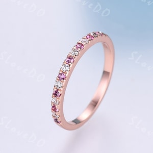 Pink Sapphire Diamond Ring,Natural Diamond Sapphire Band,Women Art Deco Wedding Band,Half Eternity Stackable Band,Gift for Her,Rose Gold