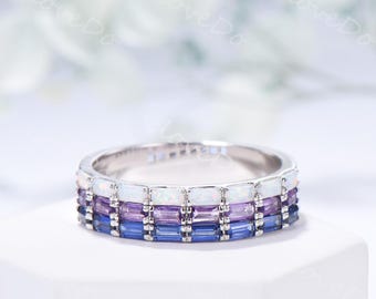 4.5mm Baguette Cut Opal Amethyst Blue Sapphire Three Row Wedding Band in Sterling Silver Minimalist Stacking Soldered Promise Ring for Women
