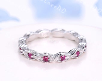 Natural Ruby Eternity Ring: Art Deco Milgrain White Gold Wedding Band