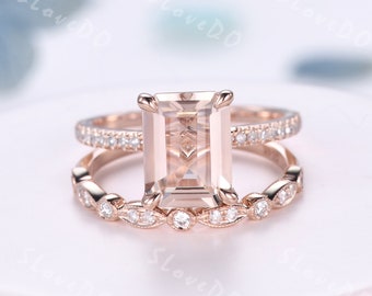 Pink Morganite Engagement Ring 7x9mm Emerald Cut Morganite Ring Set Rose Gold Natural Diamond Matching Band Promise Ring Anniversary Gifts