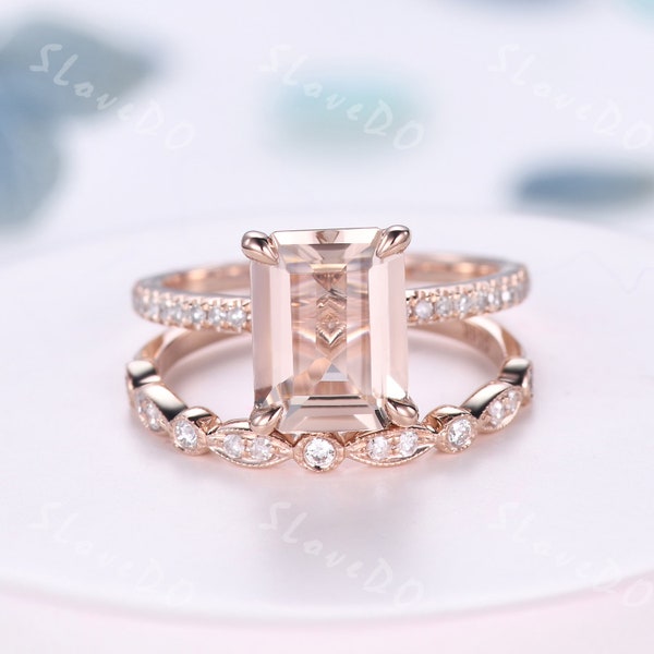 Pink Morganite Engagement Ring 7x9mm Emerald Cut Morganite Ring Set Rose Gold Natural Diamond Matching Band Promise Ring Anniversary Gifts