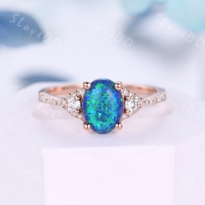 Black Opal Ring, ovale blauwe opaal verlovingsring, diamanten band, geboortesteen oktober, opaal sieraden, beloftering cadeau voor haar, roségouden ring voor haar