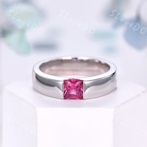 5mm Men&#39;s Ruby Wedding Band,Princess Cut Ruby Engagement Ring,Stackable Ring For Men,July Birthstone Plain Band,Anniversary Gift,Unisex Ring