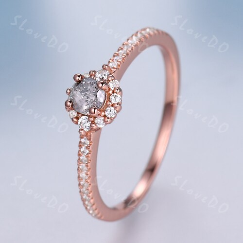 Art Deco Salt and Pepper Diamond Engagement Ring Dainty Halo Ring Stackable shops Ring 14k Rose Gold Diamond Matching Band Anniversary Ring Gift
