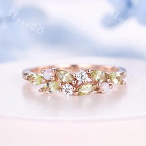 Cluster Peridot Wedding Band,Opal Diamond Engagement Ring,Marquise Peridot Ring,August Birthstone,Stacking Matching Band,Bridal Promise Gift