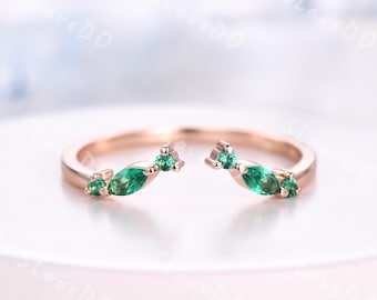 Green Emerald Wedding Band Stack Open Gap Ring Marquise Emerald 14K Rose Gold Chevron Matching Band Cuff Open Ring Women Gift May Birthstone