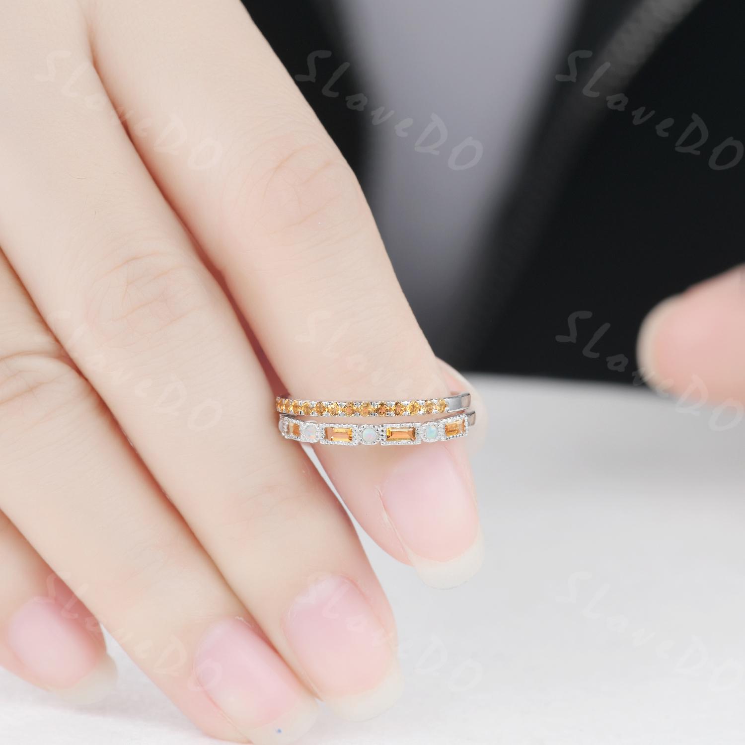 Citrine Stackable Ring Set: Art Deco Silver Eternity Band, November ...