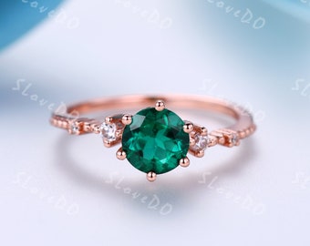 Unico taglio rotondo smeraldo anello di fidanzamento delicato smeraldo diamante anello nuziale anello nuziale art deco per le donne 10k 14k promessa anello anniversario