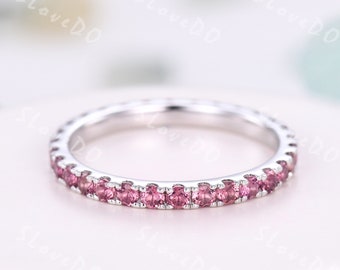 Pink Tourmaline Eternity Ring: Micro Pave White Gold Wedding Band