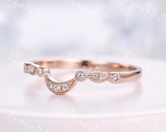 Milgrain Diamond Wedding Band: Art Deco 14K Rose Gold Matching Ring