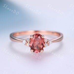 7X5mm Pink Sapphire Engagement Ring,Padparadscha Sapphire,Opal Wedding Band,Opal Cluster Bridal Promise Ring, Women Ring Gift For Her