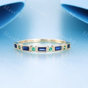 14K Sapphire Gold Ring, Sapphire and Emerald Wedding Band, Vintage Unique Stacking Matching Band, Two Birthstone Ring, Baguette Ring