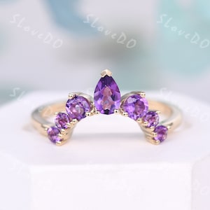 Natural Amethyst Wedding Band,Solid 14K Yellow Gold Matching Band,February Birthstone Ring,Purple Gems Promise Ring,Anniversary Gift For Her