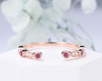 Natural Red Ruby Diamond Open Gap Wedding Band 14k Rose Gold Real Diamond Stacking Matching Wedding Half Eternity Milgrain Natural Ruby Band
